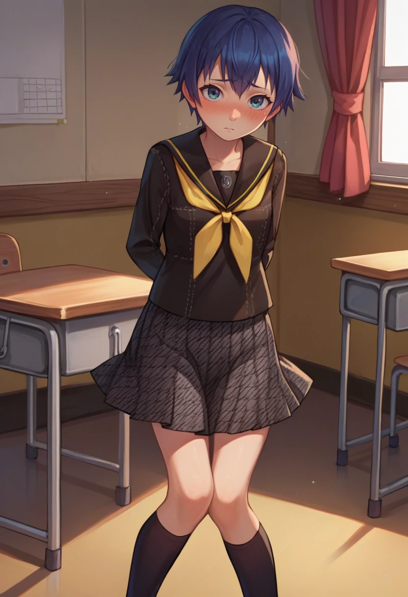 score_9, score_8_up, score_7_up, source_anime, solo, 1girl, naotoschool, blush, shy, looking at viewer, arms behind back, yasogami school uniform, black serafuku, yellow neckerchief, long sleeves, skirt, kneehighs, indoors, classroom <lora:persona4_shirogane_ponyXL:1>