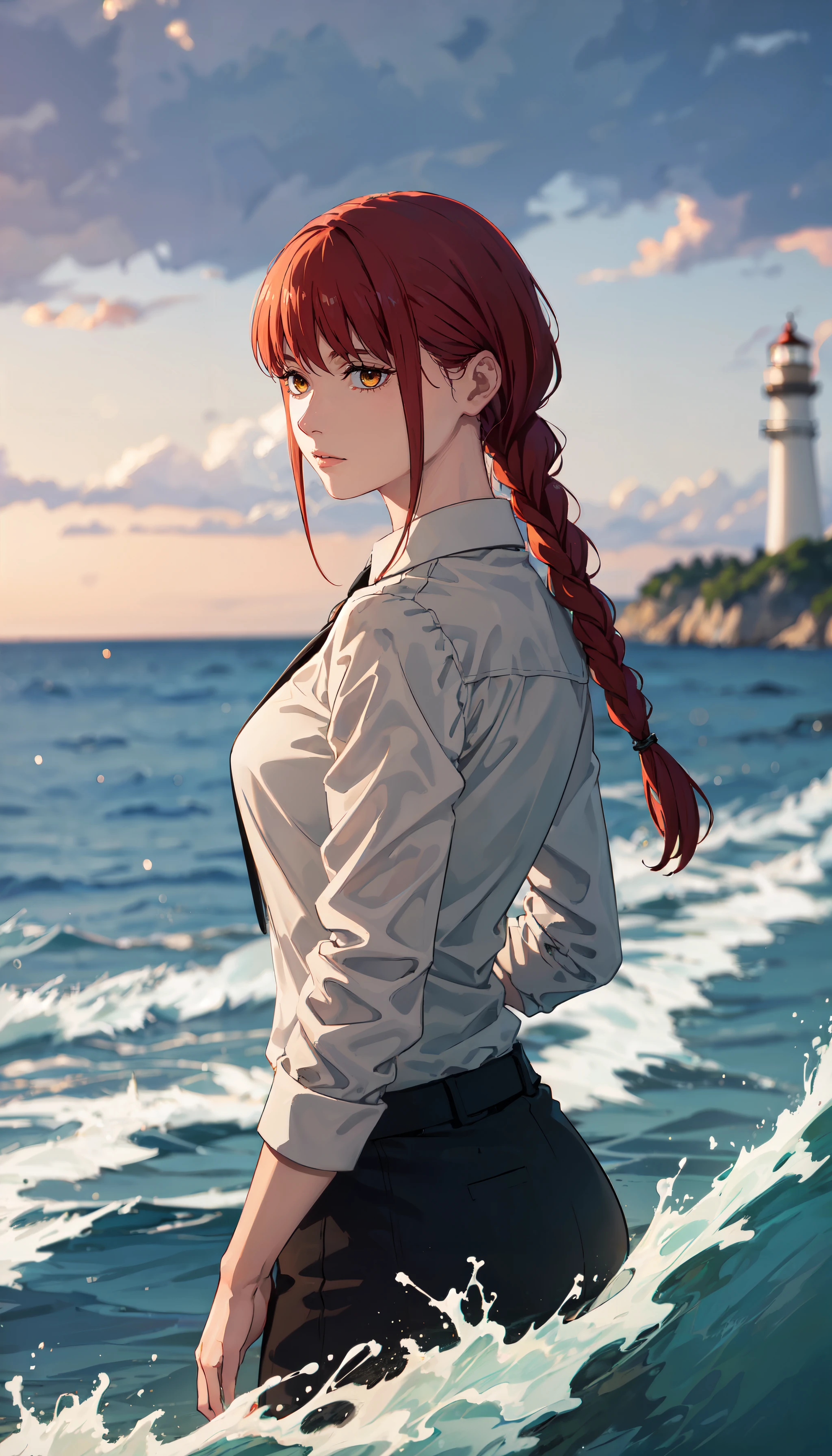 photorealistic, (4k), depth of field, (Masterpiece), (realistic skin texture), extremely detailed, intricate, hyper detailed, professional photography, bokeh, high resolution, sharp detail, best quality, woman, red hair, braided ponytail, yellow eyes, collared white shirt, suit and tie, <lora:GoodHands-vanilla:0.4>, <lora:detail_slider_v4:0.8> , dynamic pose, (looking over her shoulder), <lora:Makima-000004:0.7>, sea, ocean, waves, storm, (crashing waves), lighthouse, rocky shore, large waves, stormy sea,