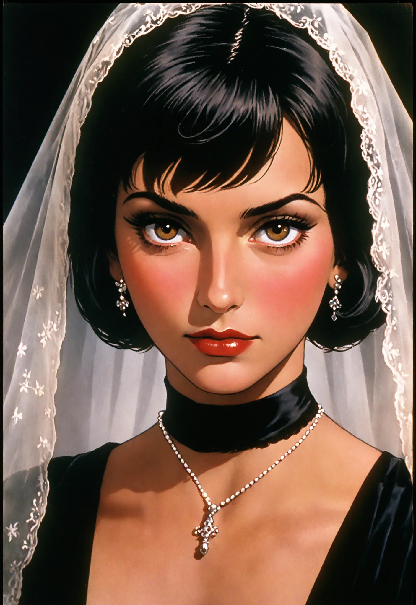 Dvd screengrab, from 1985 dark fantasy film, vintage style art, Kodachrome Photograph of a woman with pronounced hyper - feminine features designed to attract marriage - minded woman, hyper - realistic, high detail, realsitic shadow