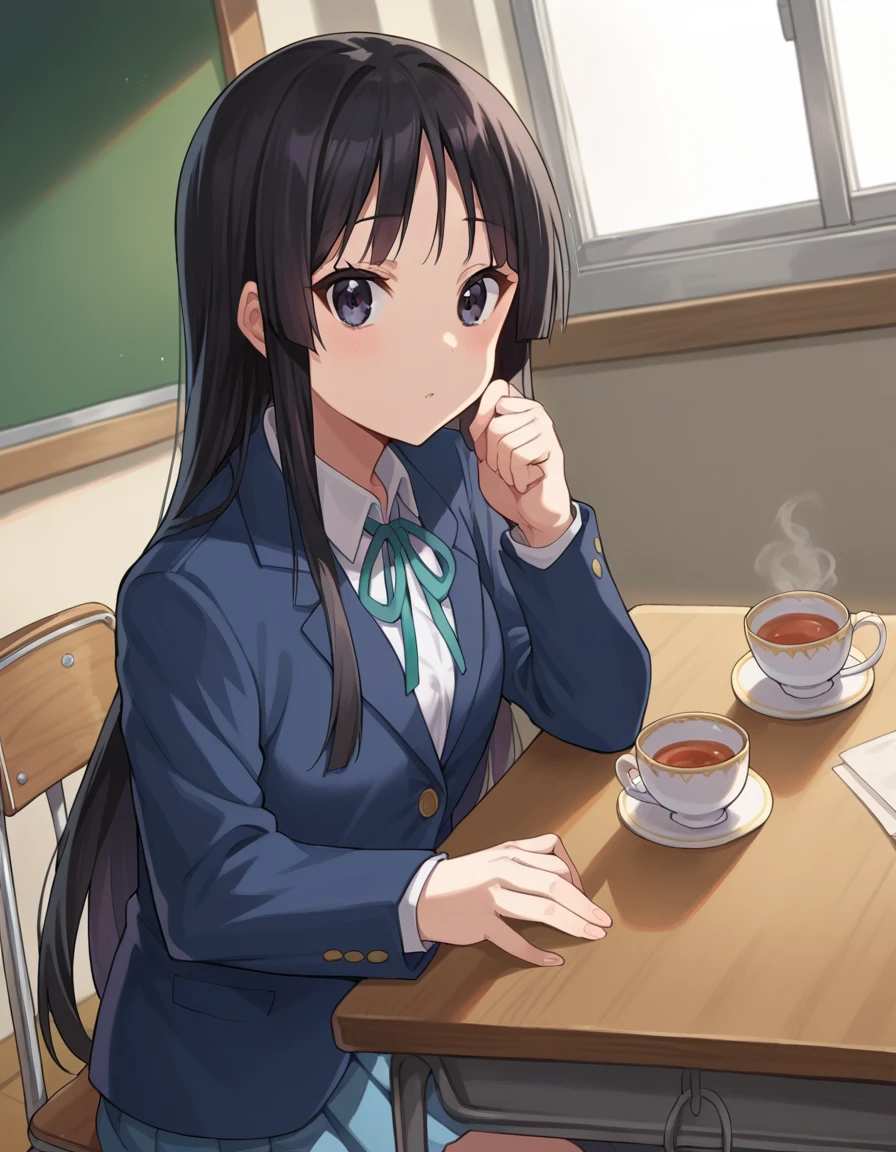 score_9, score_8_up, score_7_up, source_anime,
mioakiyama, <lora:mio-akiyama-ponyxl-lora-nochekaiser:1>,
mio akiyama, long hair, bangs, black hair, black eyes, hime cut,
sakuragaoka high school uniform, school uniform, uniform, blazer, shirt, white shirt, collared shirt, skirt, pleated skirt,
indoors, classroom,
looking at viewer, dutch angle, cowboy shot, sitting, chair, table, cup, tea, teapot teacup,