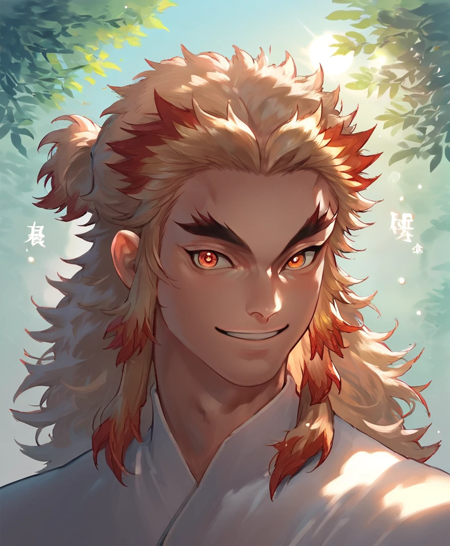 rengoku, male focus, manly, portrait, outside, sunlight, smile, looking at you, score_9, score_8_up, score_7_up, score_6_up, score_5_up, score_4_up, source_anime<lora:rengoku46:1> <lora:smooth:1>