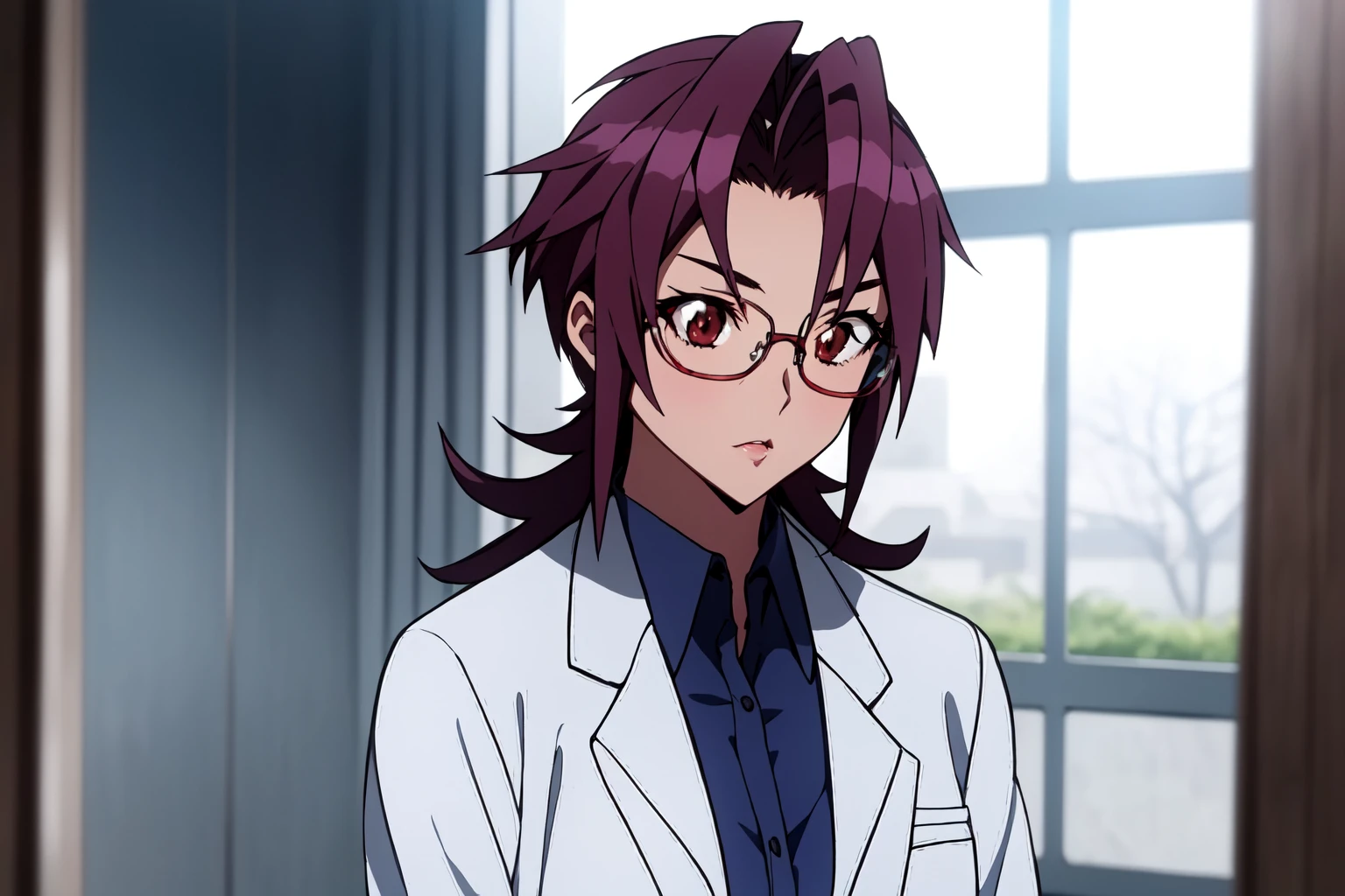 (RAW photo, best quality), 1girl,  natural lighting <lora:triage_x_miki_tsurugi_v1_2-000004:1>, miki tsurugi (triagex), glasses, labcoat, upper body,