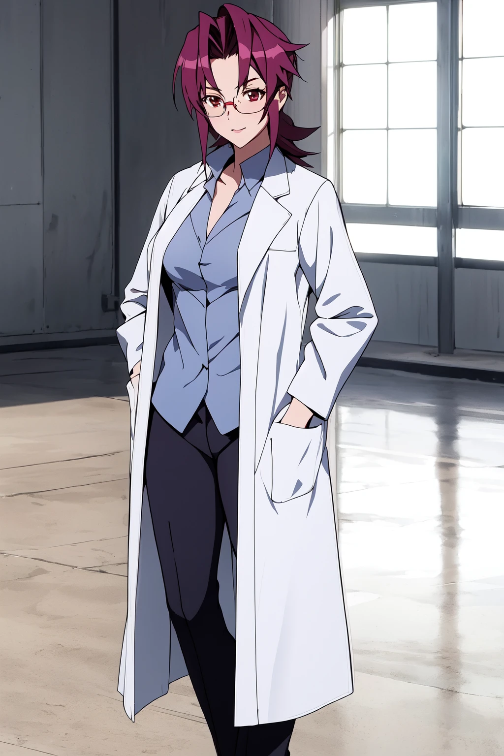 (RAW photo, best quality), 1girl,  natural lighting <lora:triage_x_miki_tsurugi_v1_2-000004:1>, miki tsurugi (triagex), glasses, labcoat, full body,