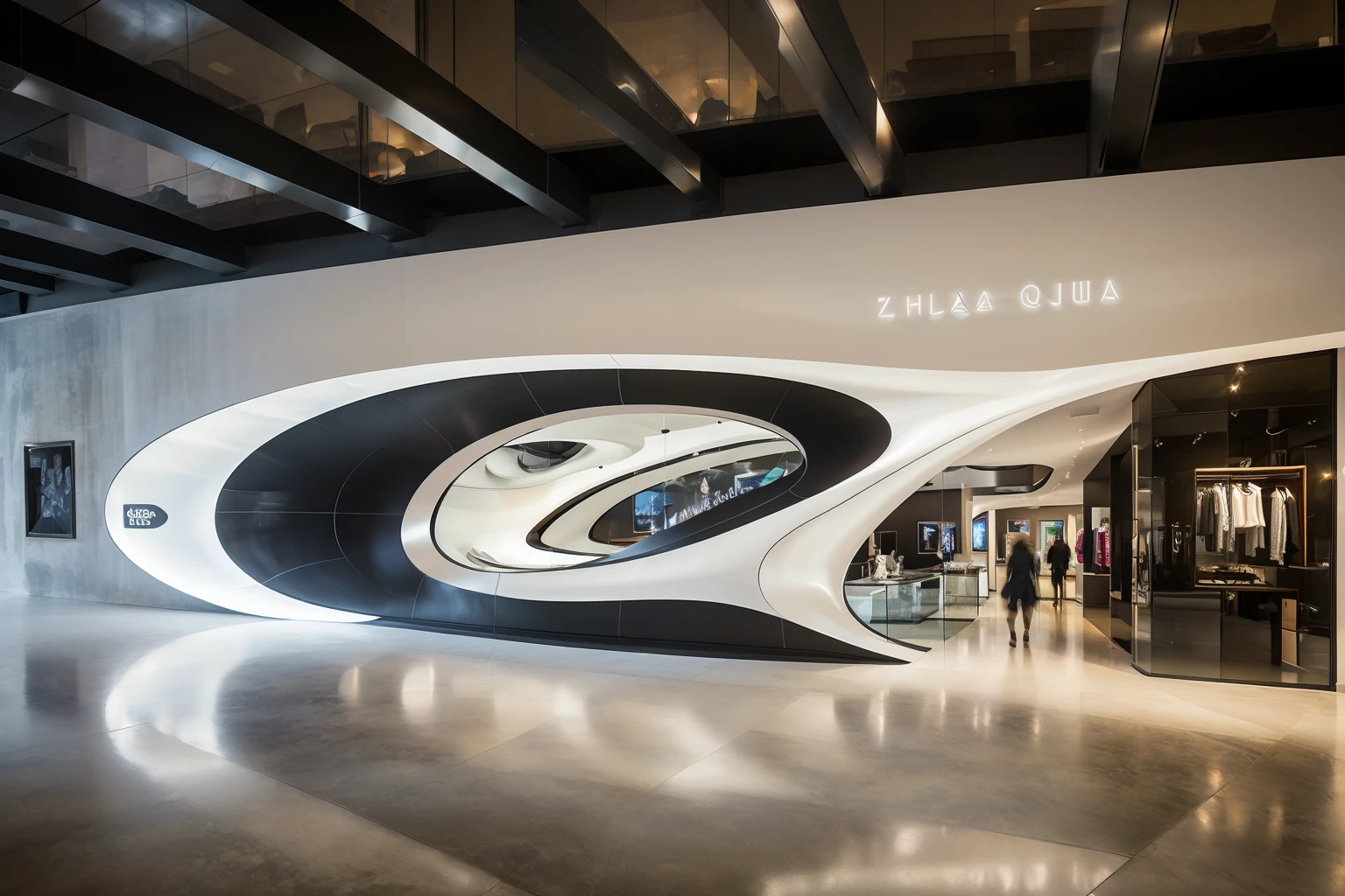 storefront,<lora:20240314-1710430939274-0006:0.8>,best qualtiy,masterpiece,zaha style,<lora:UIA建çlora_æåæ²çº¿é£æ ¼_10__v1.0:0.4>,UIAQX,art gallery,surrounding stores,