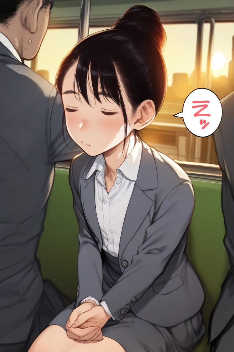score_9, score_8_up, score_7_up, rating_safe BREAK
1girl, mature, flat chest, single hair bun, dark hair, closed eyes, sleepy, grey blazer, white shirt, formal suit, skirt, sitting, v arms, (spoken zzz:1.2), public train, train interior, city background, sunset