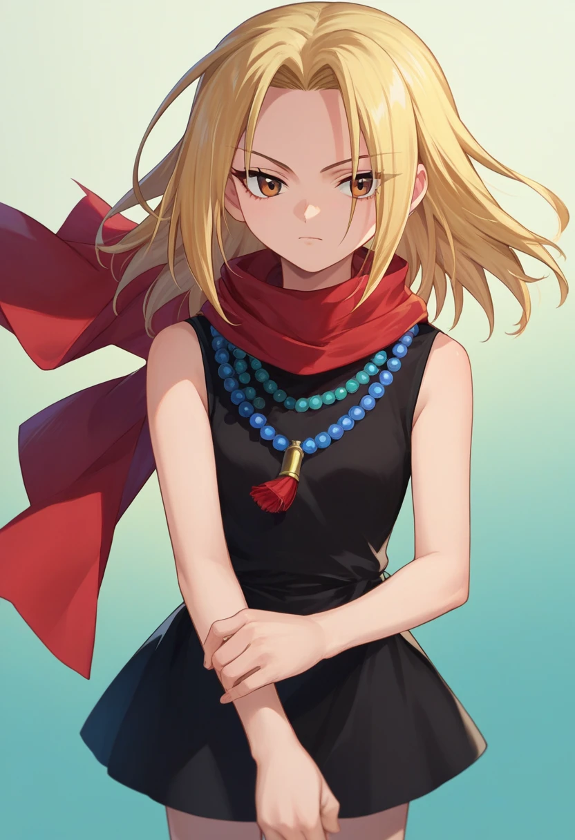 score_9, score_8_up, score_7_up, source_anime, kyouyama anna, blonde hair, short hair, brown eyes, black dress, bead necklace, red scarf, <lora:Anna kyouyama-000008:1>