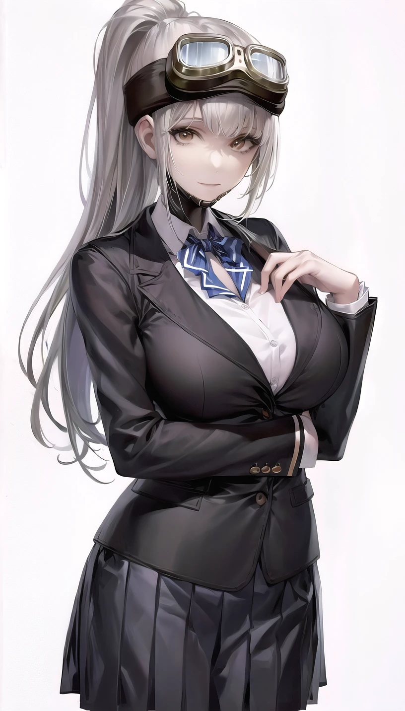 goggles,
(school uniform:1.28),
light smile, closed mouth,
lady,mature female, cowboy shot,
(white background, simple background:1.18),
highres,official art,original,masterpiece,best quality,
(large breasts),
<lora:Vanilla:1>