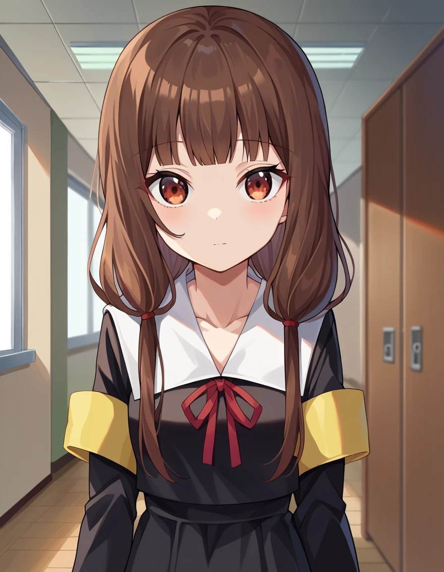 score_9, score_8_up, score_7_up, source_anime,
mikoiino, <lora:miko-iino-ponyxl-lora-nochekaiser:1>,
miko iino, blunt bangs, brown eyes, brown hair, hair tie, long hair, low twintails, red ribbon, ribbon, twintails,
long sleeves, dress, ribbon, school uniform, collarbone, black dress, sailor collar, white sailor collar, red ribbon, neck ribbon, shuuchiin academy school uniform, armband,
indoors, classroom, hallway,
looking at viewer, dutch angle, cowboy shot,