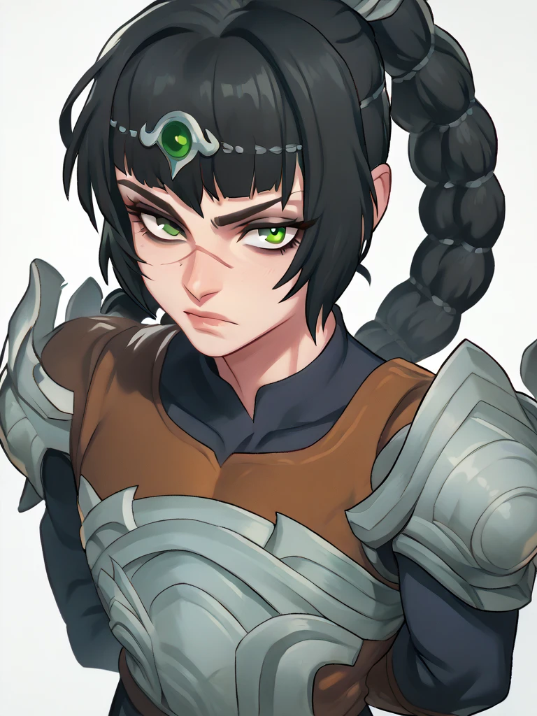 score_9, score_8_up, score_7_up, score_6_up, score_5_up, score_4_up, BREAK, source_anime, 1girl, solo, shadowheart, black hair, braided ponytail, green eyes, scar on face, circlet, looking at viewer, armor, arms behind back, standing, white background <lora:ShadowHeartXL:1>   <lora:Hata4564XL:1>