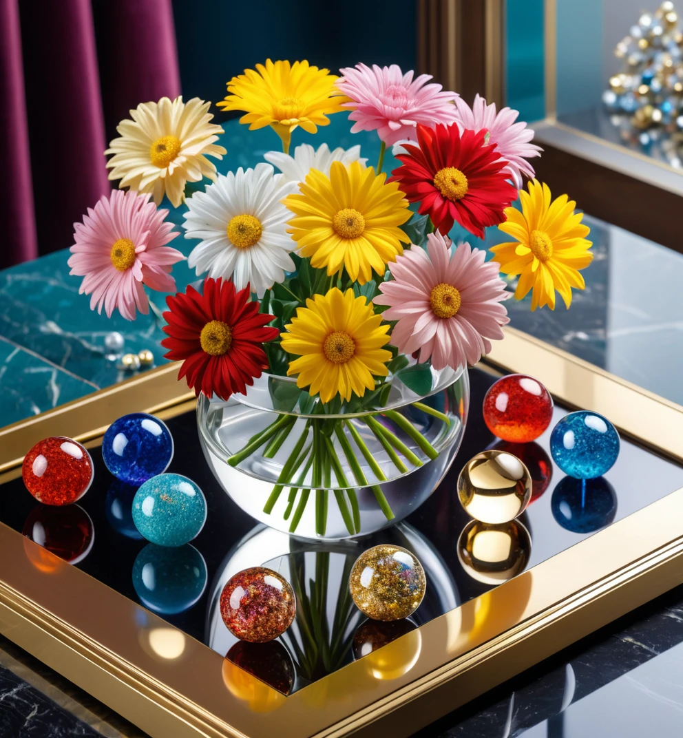 photo, 8k portrait (Cinematic Photo:1.3) of (Masterpiece:1.3),(Lonely:1.3) flowers, Bling, gold, HD, Photo, in Marbles, Puzzle, Toy, table,Highly Detailed,(80s Art:1.3),(Classical Realism:1.3)