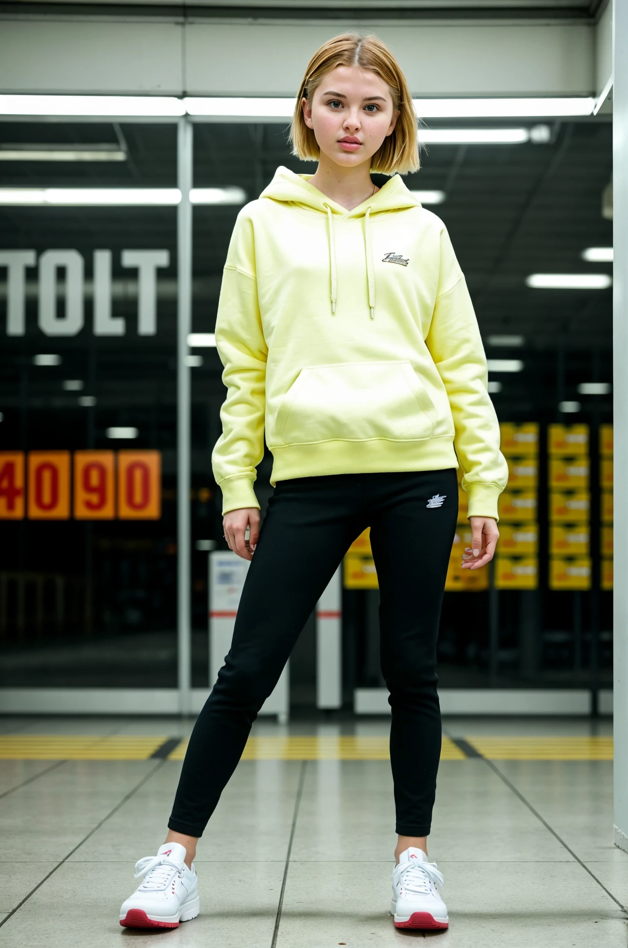 RAW photo, tv_Sarah_Grey_A, , bored expression, wearing a hoodie, wearing yoga pants, wearing sneakers, in a supermarket, walking towards the camera, looking down,, (((epic-Ultra-HD-details, epic-Ultra-HD-highlights, epic-photo-same-realistic, upscaled-resolution, optimal)))
