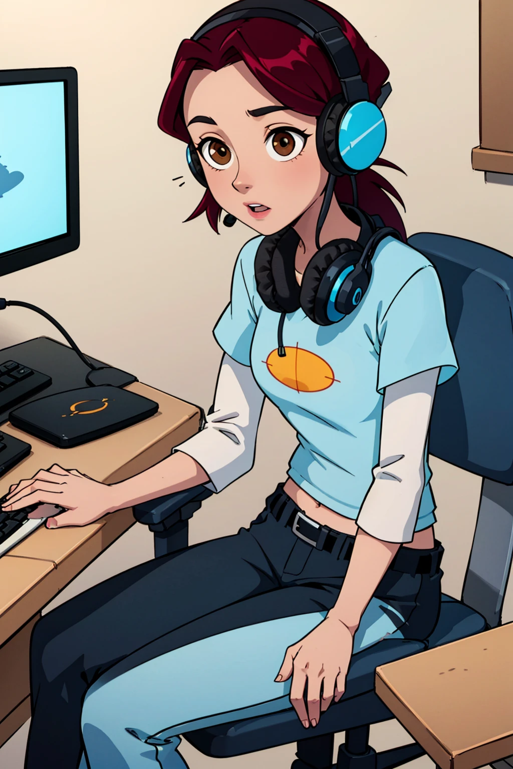 8k,highres, masterpiece,best quality,barbaragordon,solo,desk, gaming, (wearing headphones), 1keyboard and mouse, pc, gaming microphone,brown eyes,blue shirt,short sleeves