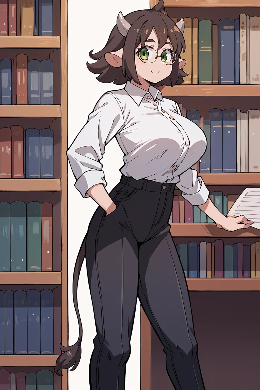 score_9, score_8_up, score_7_up, score_6_up, source_anime, BREAK 1girl, solo  <lora:ginny-pdxl-nvwls-v1-000006:1> ginny, brown hair, cow girl, collared shirt, white shirt, black pants, office, smile, glasses, bookshelf, tail, standing