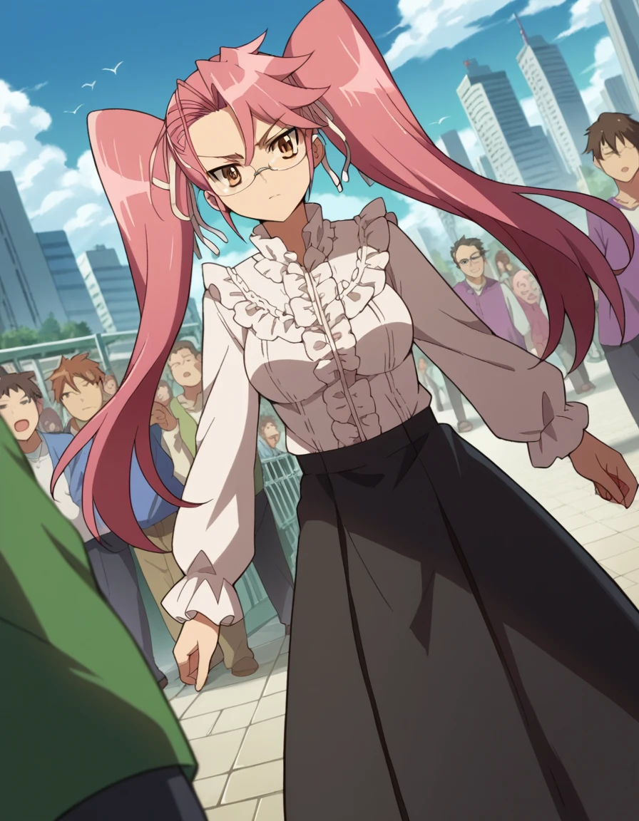 score_9, score_8_up, score_7_up, source_anime,
sayatakagi, <lora:saya-takagi-ponyxl-lora-nochekaiser:1>,
saya takagi, long hair, ribbon, twintails, brown eyes, hair ribbon, pink hair, glasses,
shirt, dress, frills, long sleeves, skirt, black skirt, long skirt, centered frills,
outdoors, cityscape, zombies, crowd, people,
looking at viewer, cowboy shot, dutch angle,
