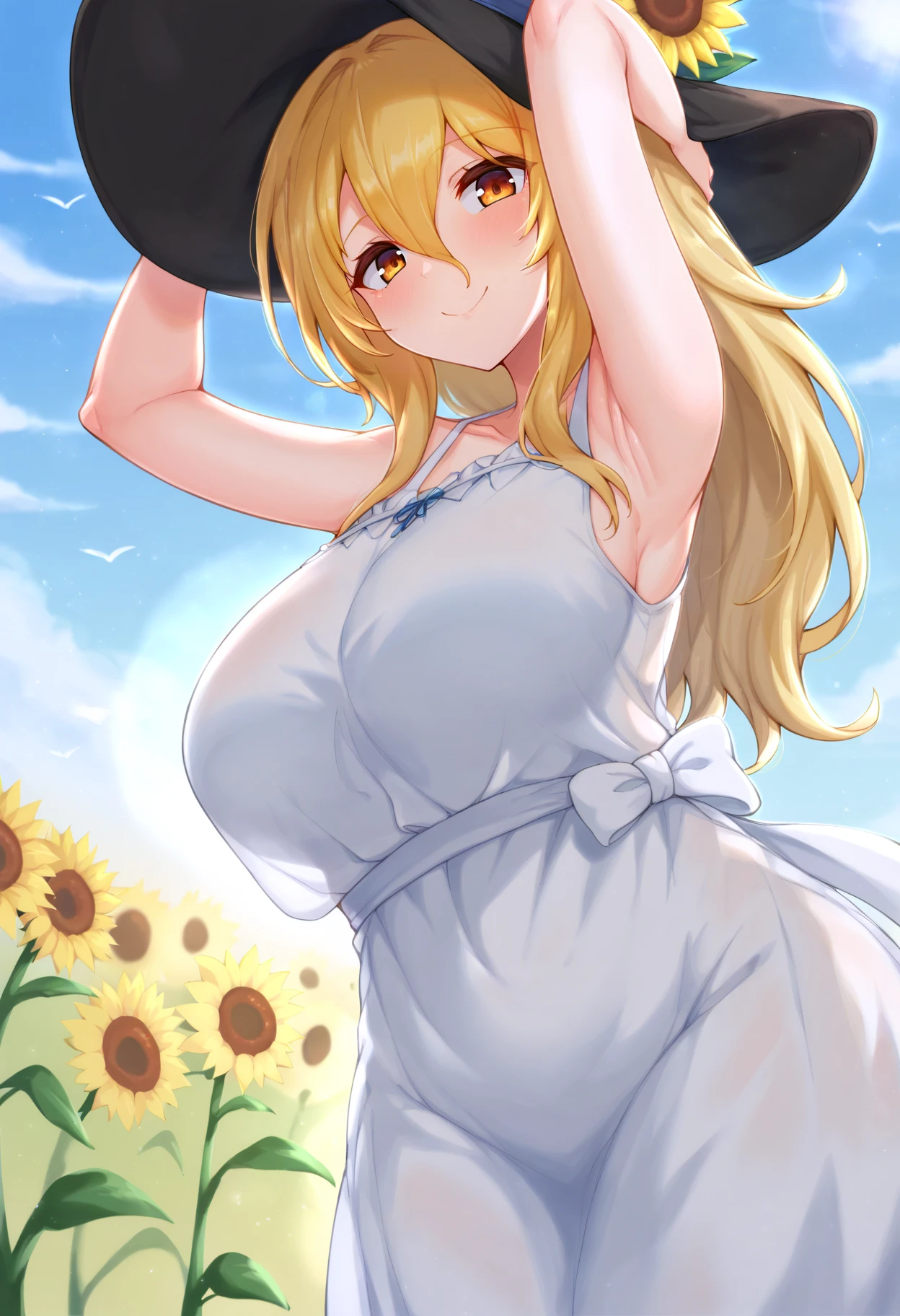 score_9, score_8_up, score_7_up, score_6_up, score_5_up, score_4_up,
simple background, gradient background,
refraction, caustics, rim lights, backlighting, bloom,
BREAK
source_anime, day, outdoors, sky, flower field, sunflower, sunflower field, sunset,
BREAK
1girl, sundress, sunhat, blonde hair, large breasts, see-through silhouette, happy, hair between eyes,
arms up, armpits, light smile,
<lora:CreamCod-v2-PDXL:1>