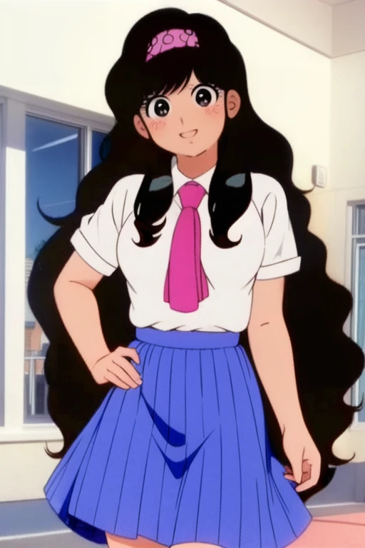 <lora:ell v3:0.8>,<lora:add_detail:0.5>,<lora:boldline:-0.3>,<lora:noline:0.3>,anime screencap,solo,ell v3,
long hair, black hair, black eyes, shiny glossy hair, wavy hair, waist-length hair, polka-dot hair band on pink background, breasts, skirt, shirt, blue skirt, collared shirt, short sleeves, school uniform, white shirt, necktie, red necktie, shirt tucked in,
(smile, embarrass, blush, shy:1.4), (indoors, school, sun, sky), standing,