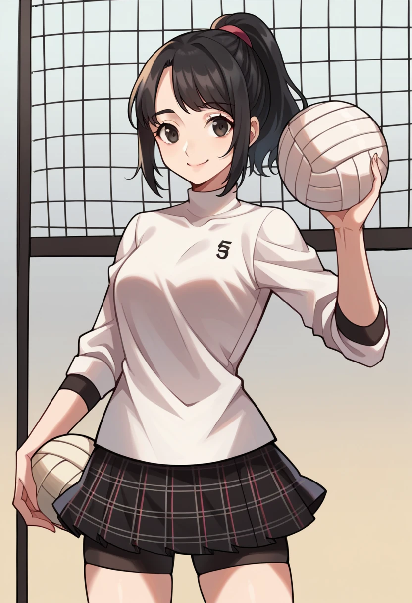 score_9, score_8_up, score_7_up, source_anime BREAK 1girl, solo, <lora:zs_ShihoXL:1> shihop5, black hair, ponytail, shirt, plaid skirt, bike shorts, asymmetrical legwear, holding volleyball, volleyball court, smile, closed mouth, looking at viewer