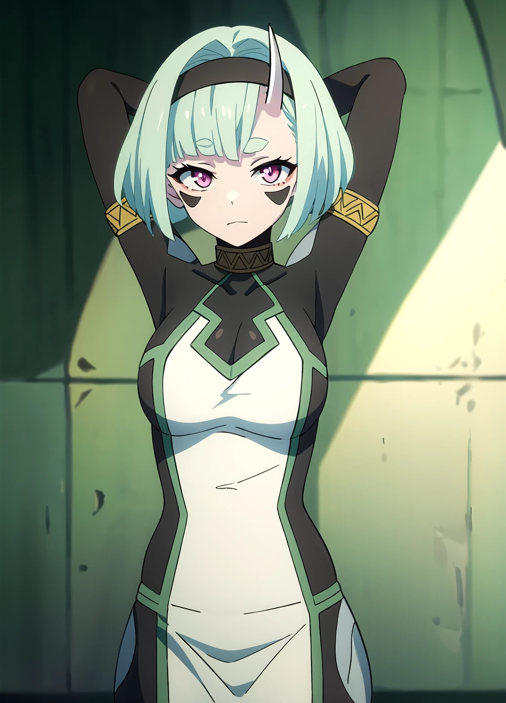 Koko Zenibako, black skin color, 1girl, solo, horns, short hair, dress, looking at viewer, breasts, hairband, arms behind head, facial mark, green hair, arms up, pink eyes, colored skin <lora:Koko Zenibako anylora25r39r-000007:0.7>,