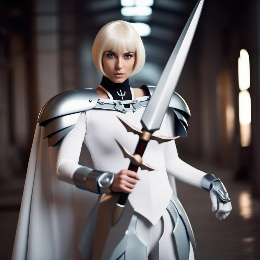 cinematic photo a woman dressed in white with a big sword and shoulder pad and a cape, silver eyes <lora:Claymore1024:0.8> . 35mm photograph, film, bokeh, professional, 4k, highly detailed