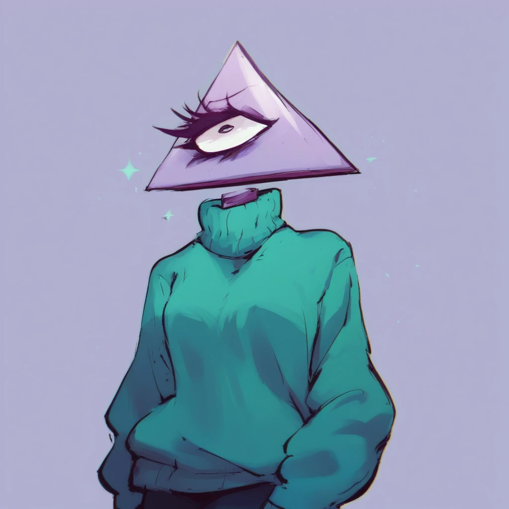 score_9, score_8_up, 1girl, female, solo, standing, iilluminaughtii, object head, floating head, one-eyed, purple skin, clothed, sweater, <lora:ponydiffusionv6_iilluminaughtiiv3:1>