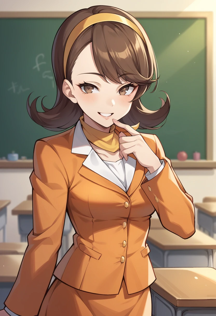 score_9, score_8_up, score_7_up, source_anime BREAK 1girl, solo, <lora:zs_TerauchiXL:1> terauchip3, brown hair, medium hair, brown eyes, orange blazer, orange skirt, neckerchief, hairband, classroom, seductive smile, chalkboard