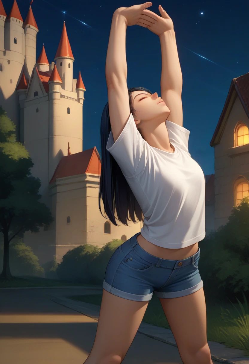 score_9, score_8_up, score_7_up, source_anime, solo, 1girl, cammystretch, standing, stretching, arms up, black hair, closed eyes, white t-shirt, denim shorts, night, outdoors, castle <lora:pose_cammystretch_ponyXL:1>