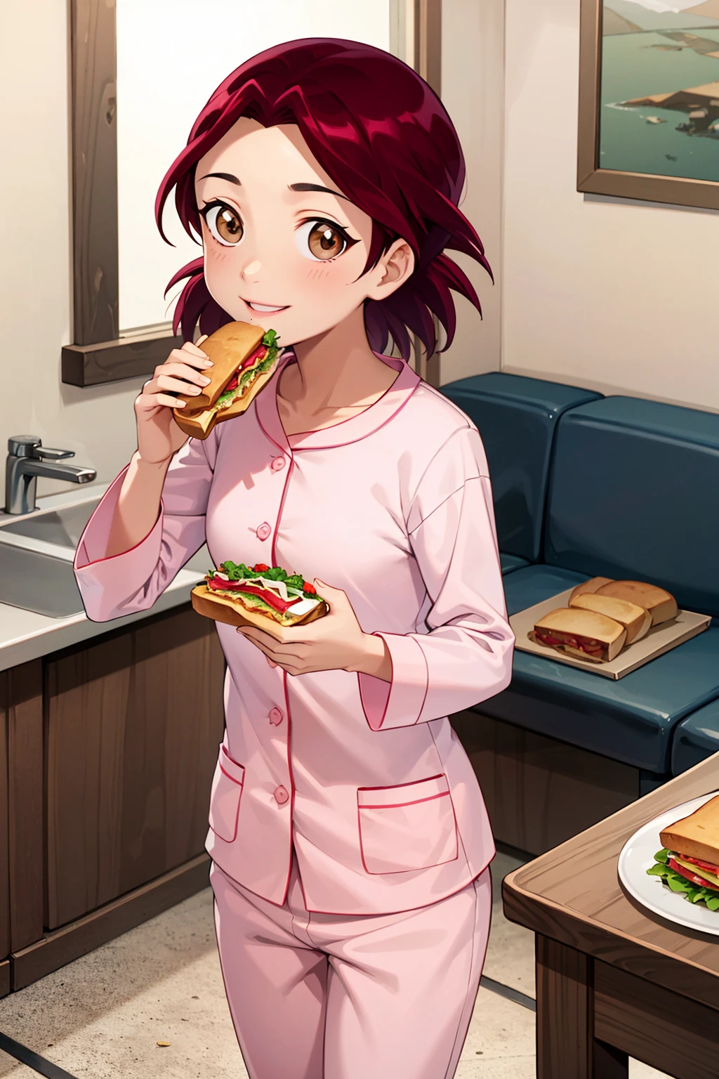 8k,highres, masterpiece,best quality,pink pajamas, pink pajama pants,smile,barbaragordon,solo,brown eyes,eating ,sandwich