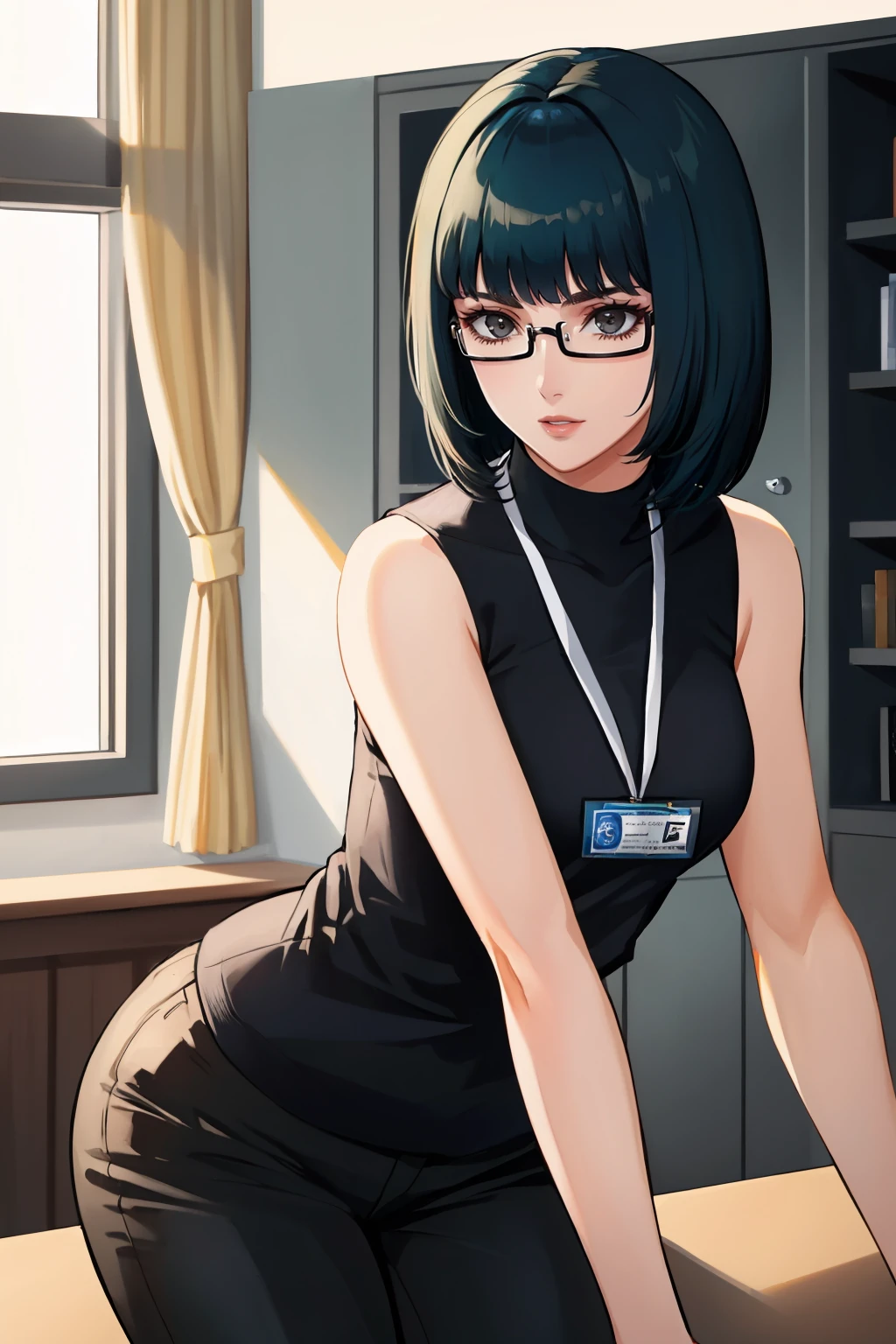 masterpiece, best quality, absurdres, beautiful, <lora:zs_Wakaba:1> wakabap5, bob cut, blunt bangs, glasses, turtleneck, sleeveless, pants, lanyard
