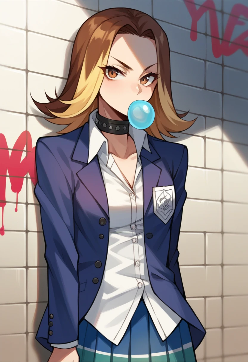 score_9, score_8_up, score_7_up, source_anime BREAK 1girl, solo, <lora:zs_YumiXL:1> yumiif, blazer, shirt, pleated skirt, choker, multicolored hair, blonde hair, brown hair, city, against wall, graffiti, bubble blowing,