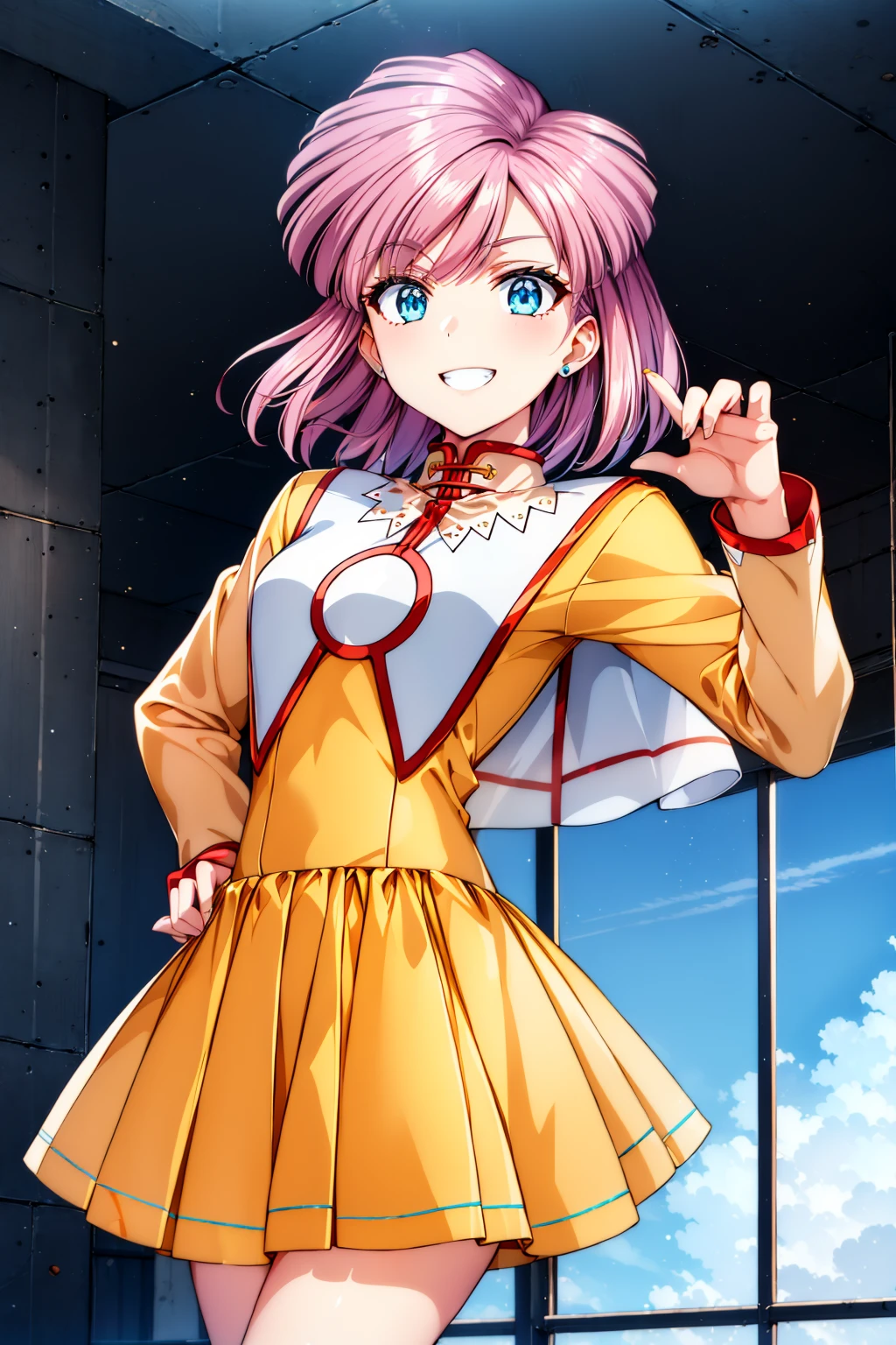 (masterpiece, best quality:1.2), solo, 1girl, srw_tis, grin, blue green eyes, yellow pleated skirt, white jewelry, looking at viewer, <lora:srw_tis_2:0.9>, <lora:add_detail:0.5>, <lora:GoodHands-beta2:1.5>