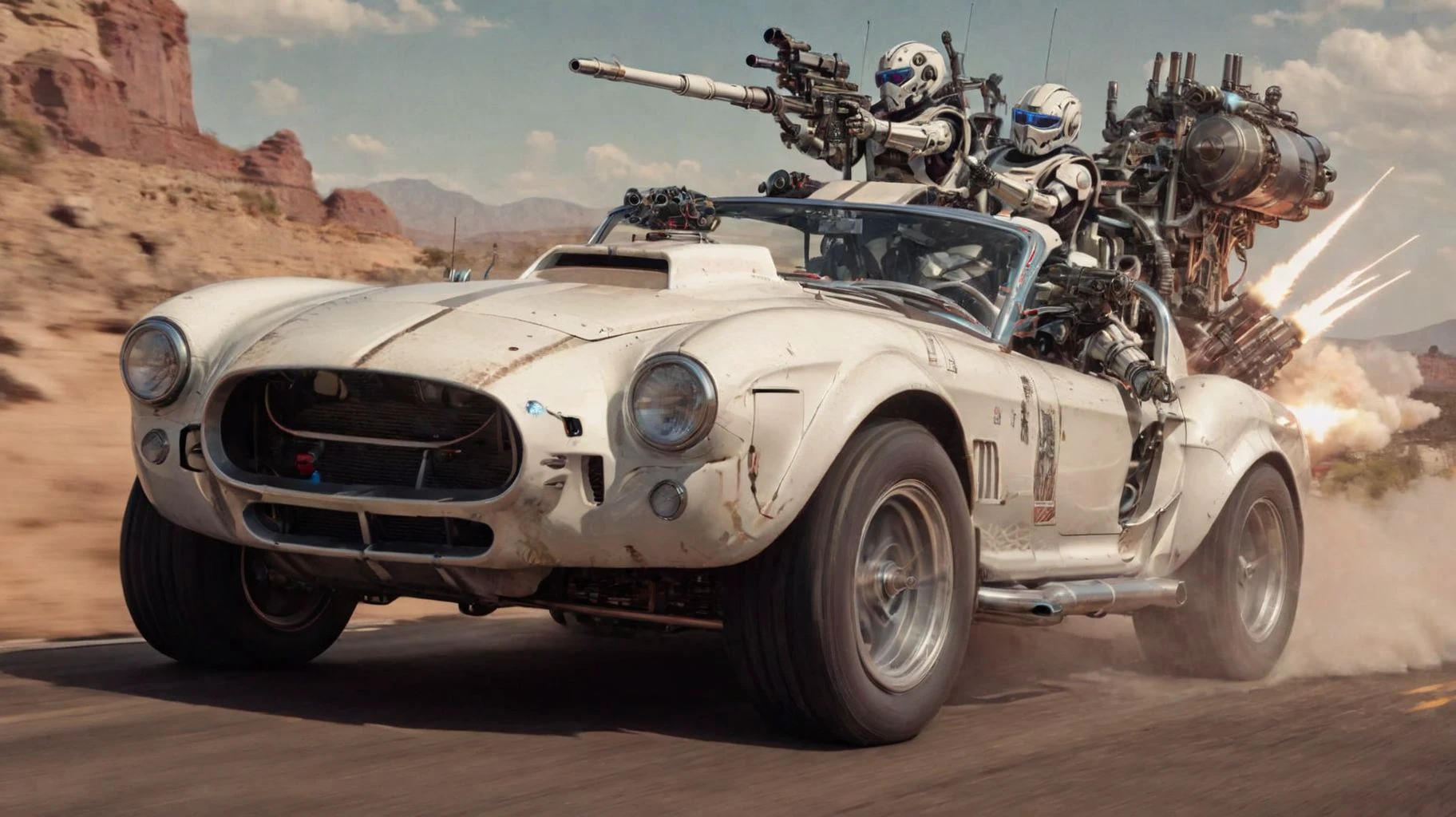 2d (illustration:1.2) by (John Trumbull:1.2), robot driving neon shelby 427 with white rally stripes, teslapunkai battle mech,
rocket launchers, machine guns
intricate details
<lora:add-detail-xl:1>
<lora:Shelby 427_SDXLBase:1>
<lora:TechPunkAIv2:0.5>