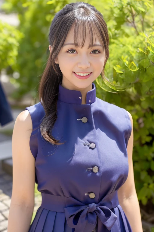8k,masterpiece,Japanese,(A young girl around ),from the front,(The whole body is shown),A smile showing beautiful teeth,Innocent face,(Childish:1.3),(Big Breasts),Thin and beautiful legs,semi-long,noon,bright