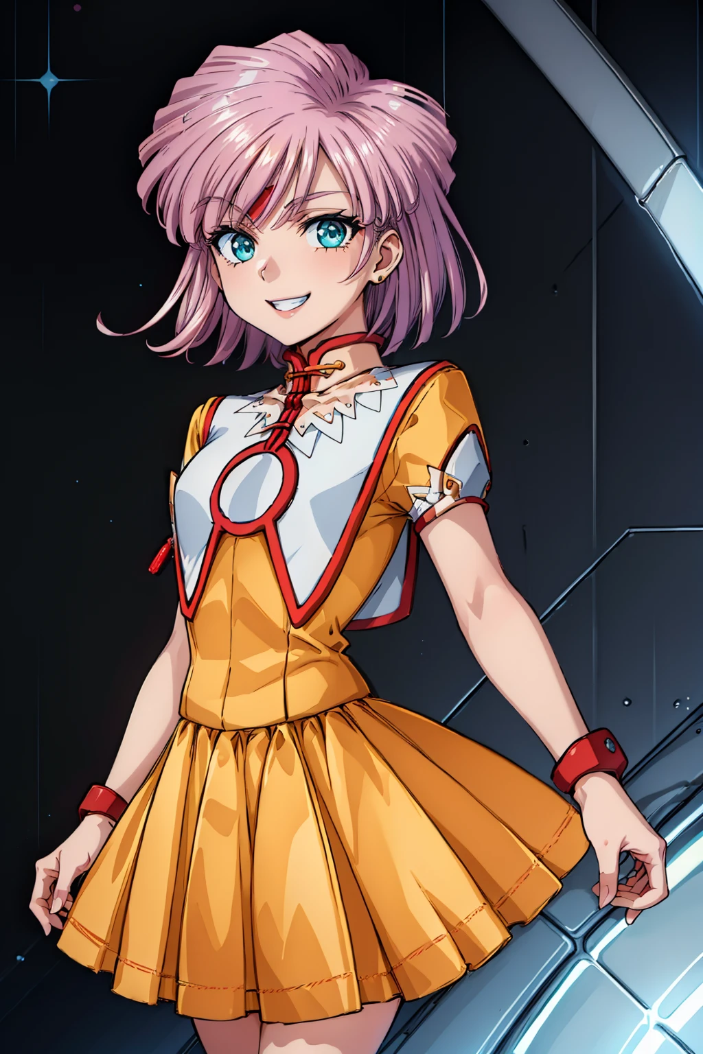 (masterpiece, best quality:1.2), solo, 1girl, srw_tis, grin, blue green eyes, yellow pleated skirt, white jewelry, looking at viewer, <lora:srw_tis_2:0.9>, <lora:add_detail:0.5>