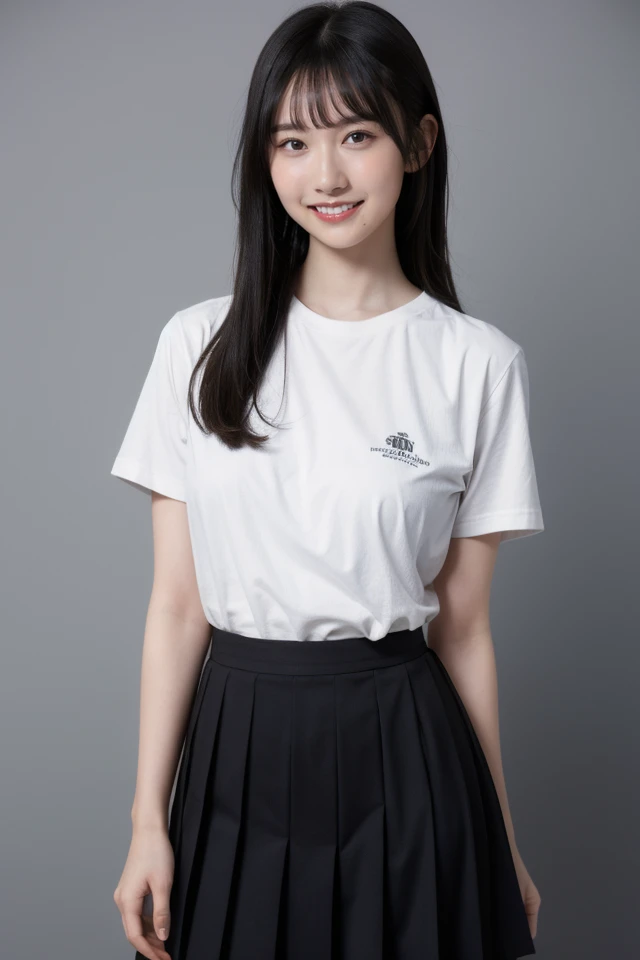 1girl,solo,skirt,smile,shirt,looking at viewer,long hair,white shirt,bangs,arm behind back,simple background,mole,pleated skirt,black hair,grin,grey skirt,short sleeves,holding,blunt bangs,grey background,teeth,brown hair,shirt tucked in,realistic,t-shirt,
best quality,masterpiece,illustration,an extremely delicate and beautiful,CG,unity,8k wallpaper,Amazing,finely detail,masterpiece,official art,extremely detailed CG unity 8k wallpaper,incredibly absurdres,huge filesize,ultra-detailed,highres,extremely detailed,beautiful detailed girl,realistic,outdoors,light contrast,<lora:Kaho Fujishima:0.8>,