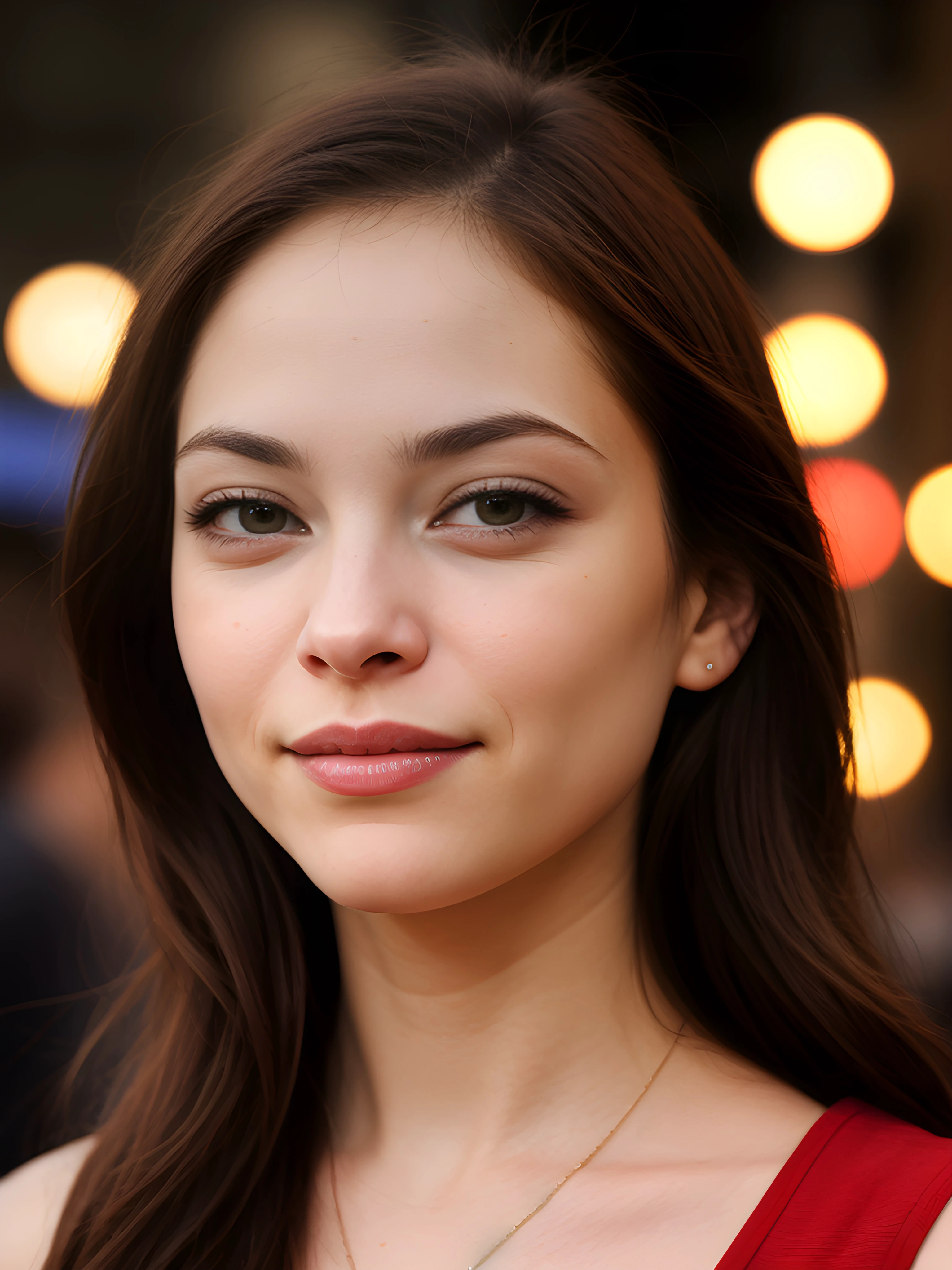 close-up portrait photo of Kr1st1nKr3uk_V1-Emb , in the middle of a busy night time street, 8k uhd, high quality, dramatic, bokeh, dramatic lighting, camera f1.6 lens , hyper realistic , lifelike texture