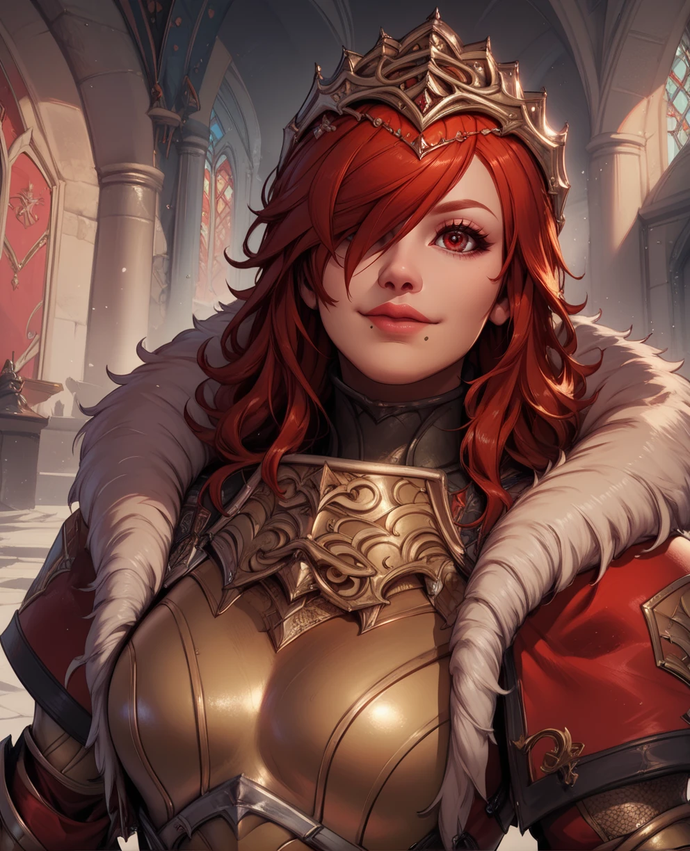 score_9,score_8_up,score_7_up,
hildexl,red hair,lips,hair over one eye,red eyes,mole under mouth,
armor,gauntlets,fur trim,breastplate,thighhighs,red coat,head crown,looking at viewer,light smile,
upper body,standing,
european castle,
<lora:HildeSC6XL-10:0.8>,