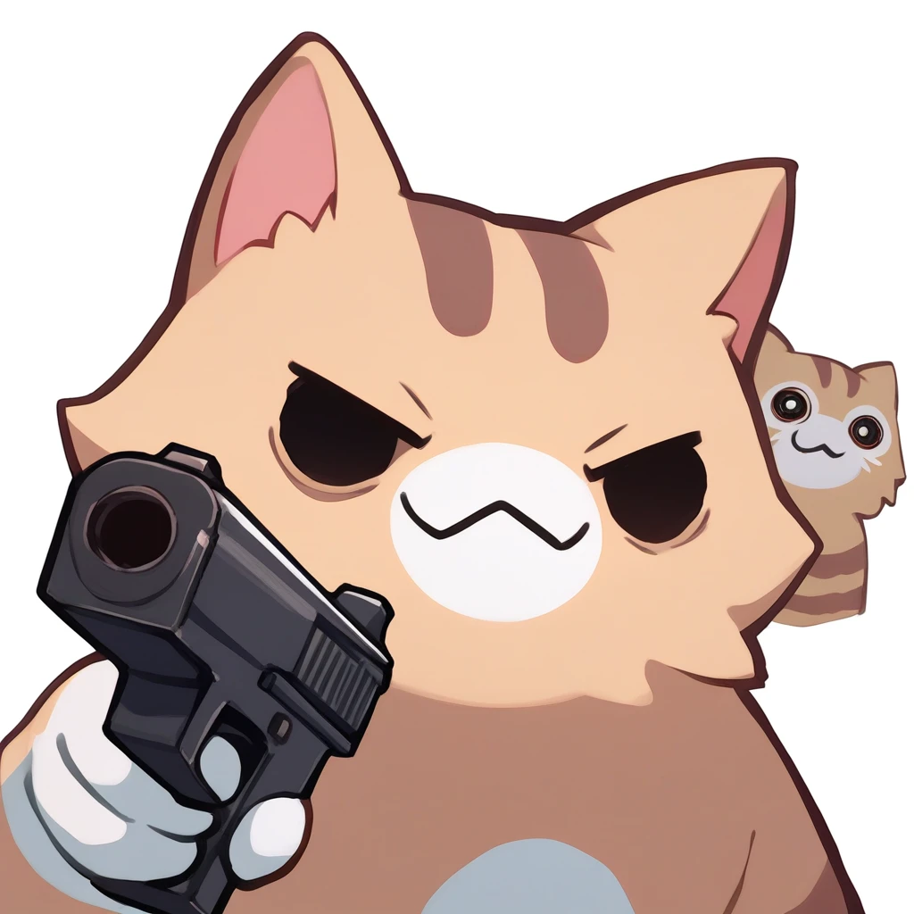 score_9, score_8_up, score_7_up, source_anime, simple background, white background, animal focus, solo, nekoemoji, cat, smirk, holding gun, aiming at viewer, solid circle eyes <lora:discord_nekonekonekone_ponyXL:1>