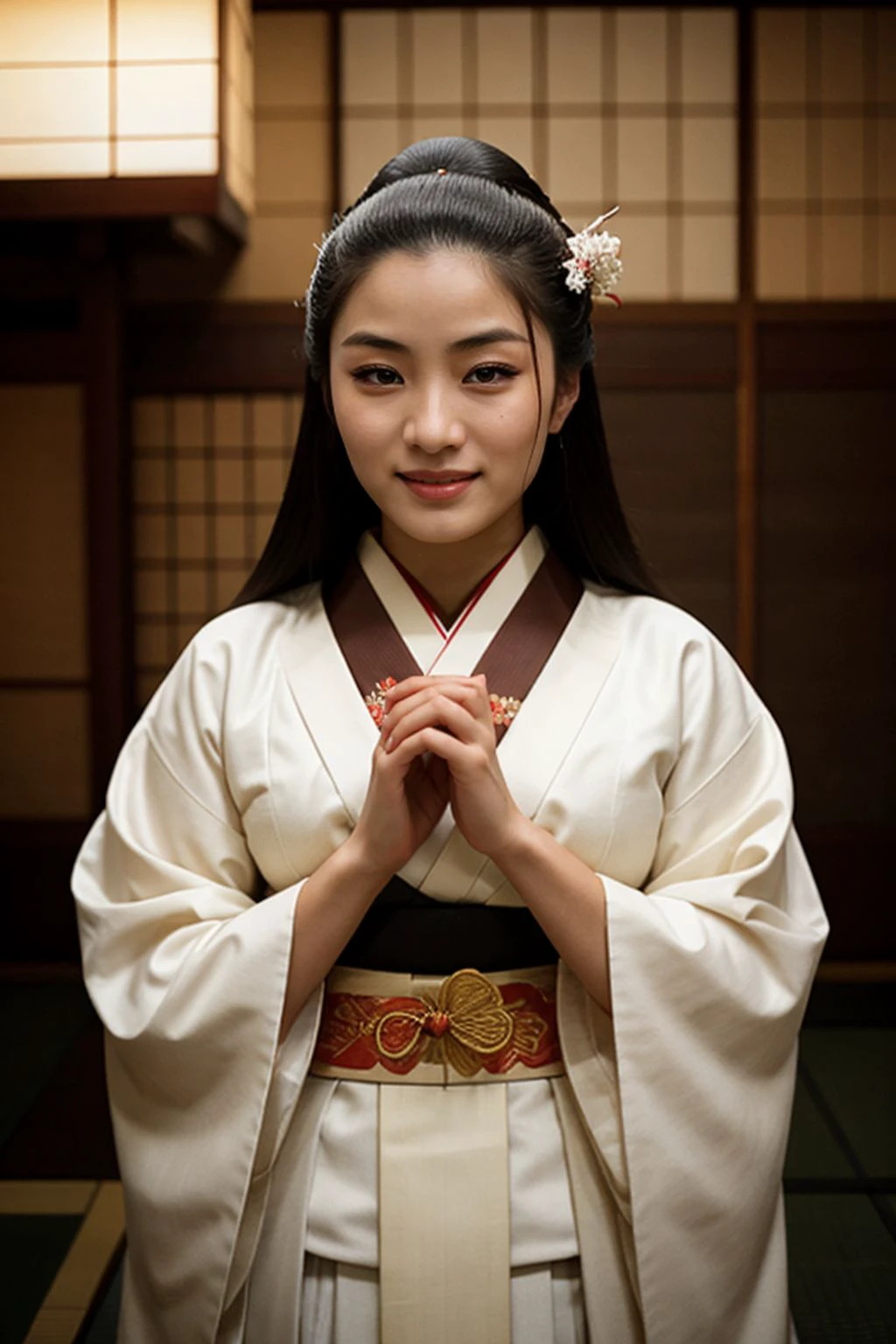 Cinematic still, full body shot of annasawa1, kimono, geisha, white cotton socks, smirking, long hair, smile, traditional makeup, <lora:annasawa1:1>, ((japanese hot spring)), steam, feudal japan, realistic, Amateur Photographer, subsurface scattering, film grain, very detailed skin texture, high quality, 35mm photograph, film grain, bokeh, professional, 4k, highly detailed
