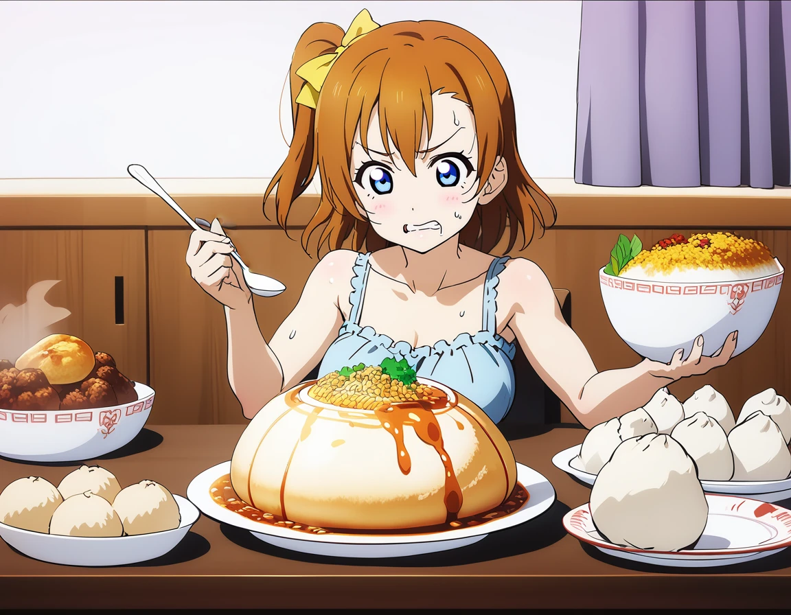 1girl,solo,
kousaka honoka, love live!,blue eyes,
casual wear,skirt,
sweat,
panicking,clenched teeth,
<lora:ooguiXL2:1>,oogui,
sitting,
indoors,restaurant,
looking down,
dirty,
food on face,
food,eating,table,holding spoon,holding fork,bowl,noodles, ramen,plate, holding,pasta,meat, rice,spaghetti,egg,fried rice, jiaozi,soup,dumpling, pancake,salad, meandros, cereal,fruit, steam, meatball,curry rice,drink,empty bowl,
fake screenshot,gameplay mechanics,
masterpiece, best quality, ultra detailed, highres,4k,(ultra-detailed:1.4) (illustration:0.5), (ray tracing,:0.8),(anime colored:0.7),(ai-generated:0.5),