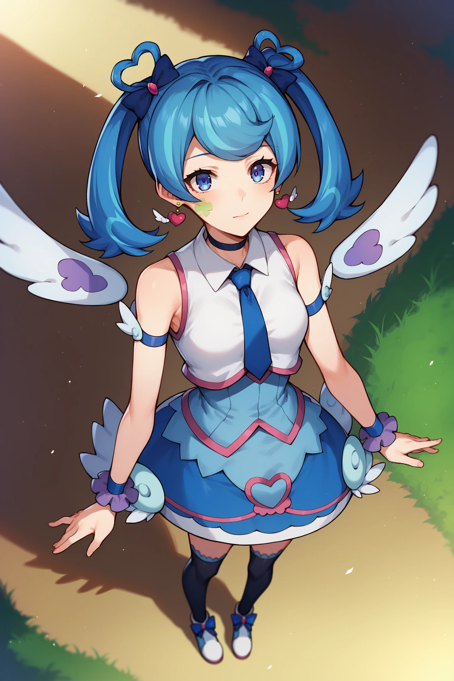 score_9,score_8_up,score_7_up,score_6_up,score_5_up,score_4_up, source_anime, aaangel, twintails, blue hair, hair bow, blue bow, blue eyes, facial mark, heart earrings, wings, heart, choker, blue necktie, sleeveless shirt, white shirt, arm strap, blue skirt, black thighhighs, <lora:blue_angel_XL_v1:0.8>, field, from above, full body, standing, wind