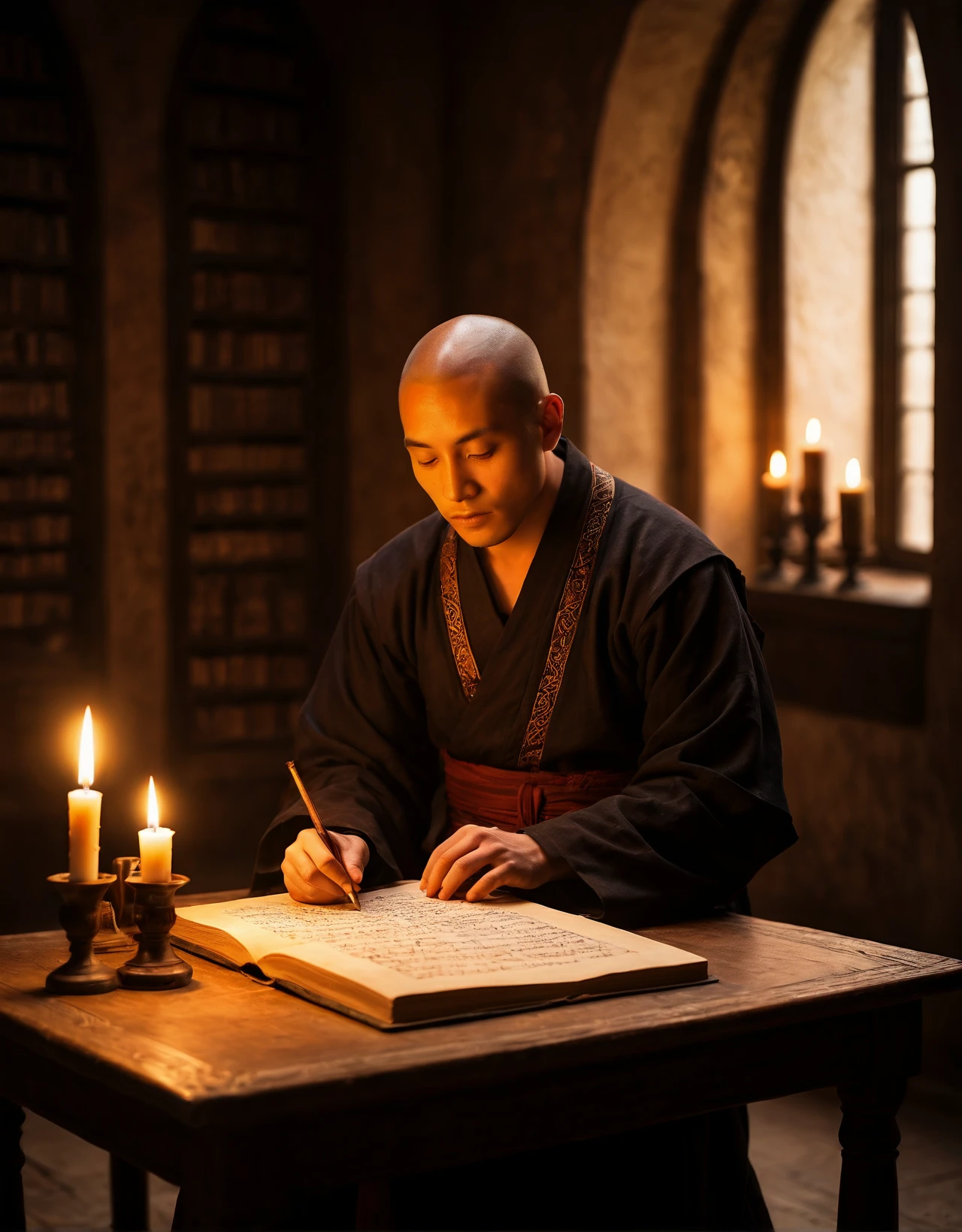 breathtaking photograph, In a medieval scriptorium, a novice monk carefully illuminates a manuscript, his table lit by the soft glow of a candle. The setting is rich in historical detail, with the camera angle highlighting the intricate work and the vibrant colors of the inks. The mood is one of serene concentration, depicted in a detailed, gothic style that captures the reverence and discipline of learning calligraphy in ancient times.