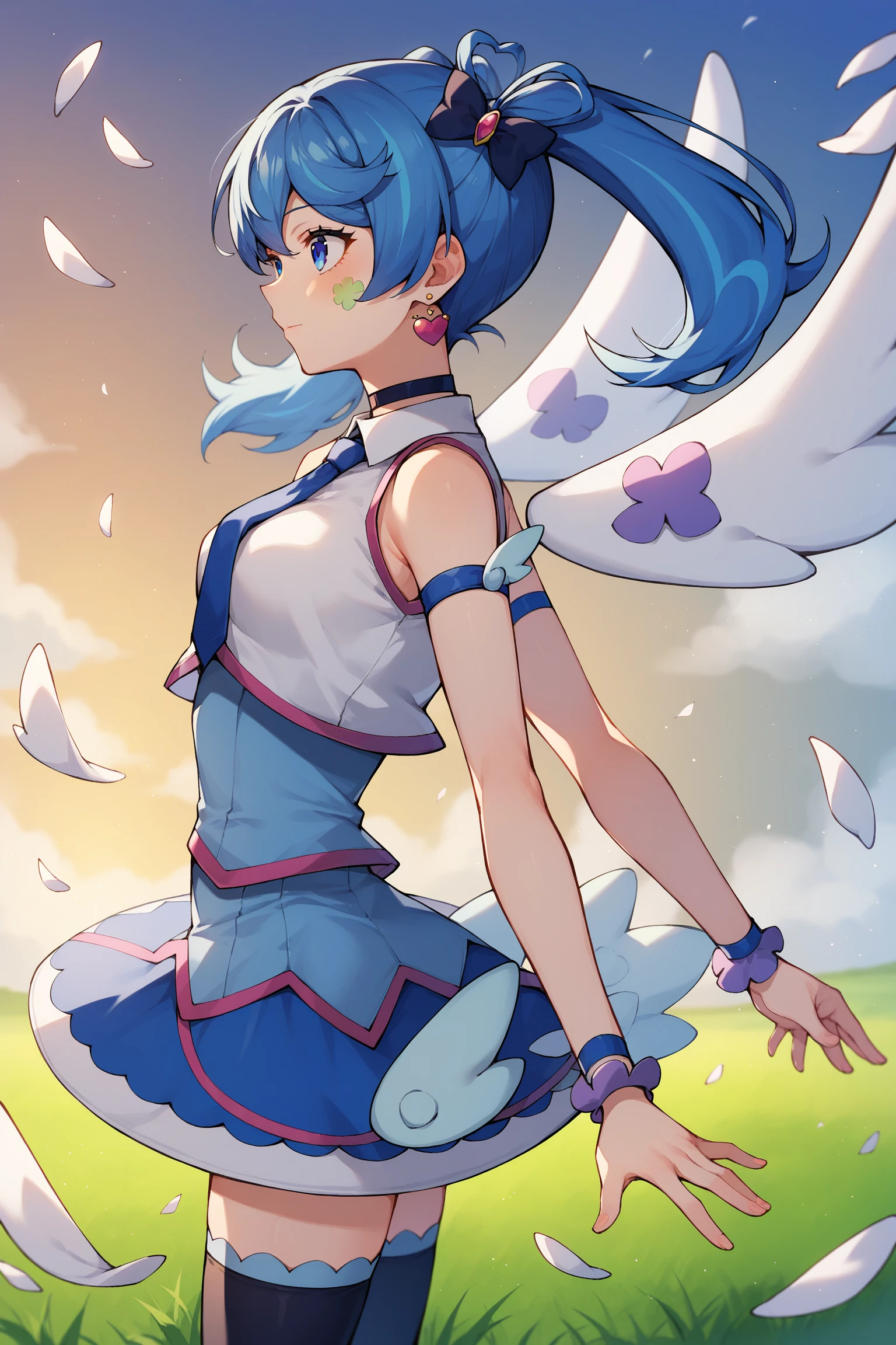 score_9,score_8_up,score_7_up,score_6_up,score_5_up,score_4_up, source_anime, aaangel, twintails, blue hair, hair bow, blue bow, blue eyes, facial mark, heart earrings, wings, heart, choker, blue necktie, sleeveless shirt, white shirt, arm strap, blue skirt, black thighhighs, <lora:blue_angel_XL_v1:0.8>, from side, field, wind,