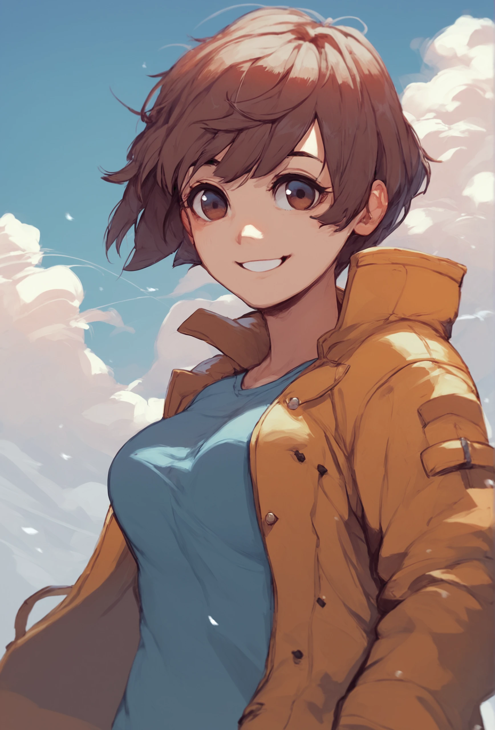 score_9, score_8_up, score_7_up, score_6_up, score_5_up, score_4_up ,outdoor, blue sky, cloud, wind BREAK
<lora:k-rha_ponyxl_v1:1> 1girl, solo, short hair, brown hair, looking at viewer, smile, medium breasts, shirt, open jacket, upper body,