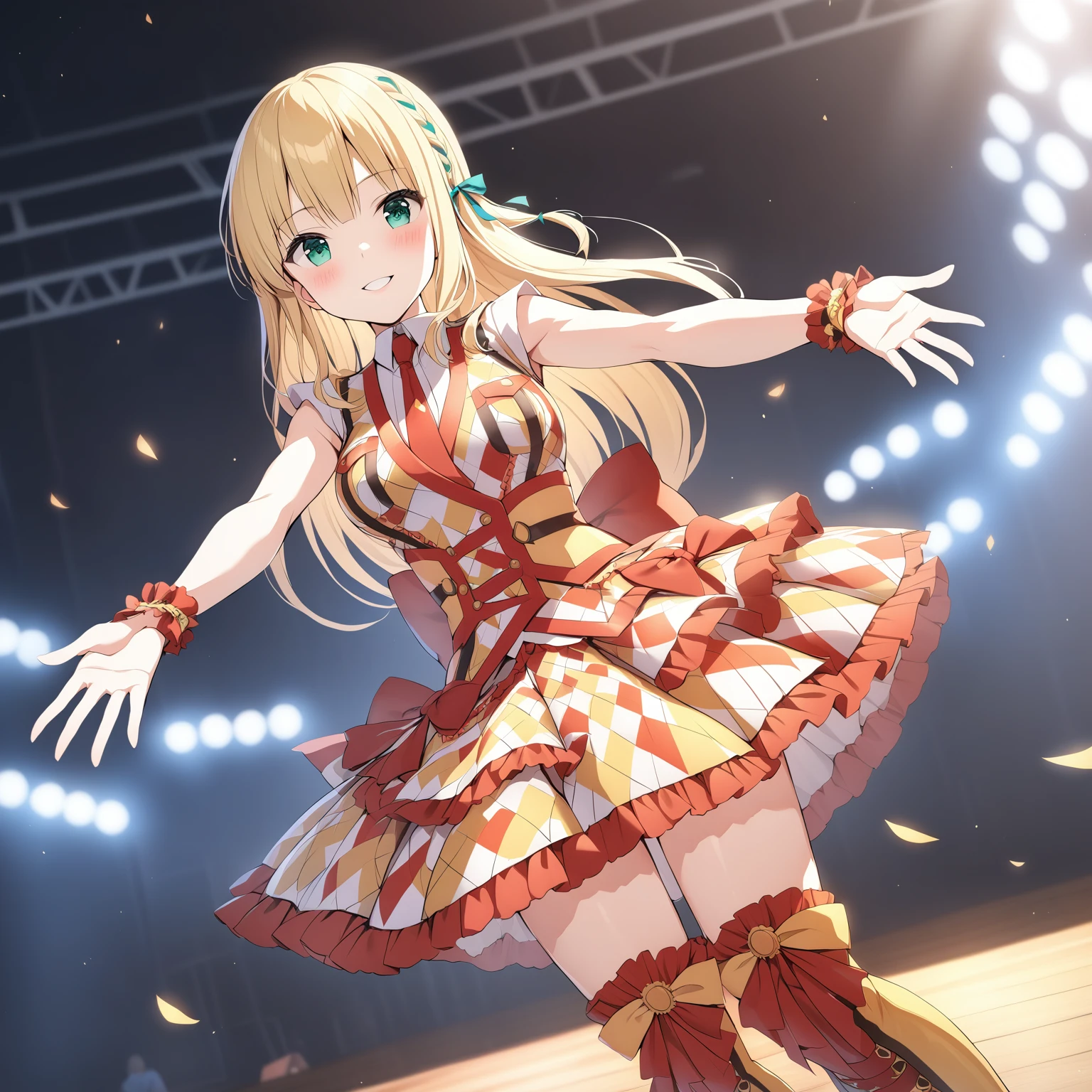 [high quality, best quality], [cinematic], 1girl, solo, ichinose rei, ribbon braid, idol costume, knee boots, outstretched arms, smile, blush, on stage, [bloom, hdr], <lora:rei:0.72>