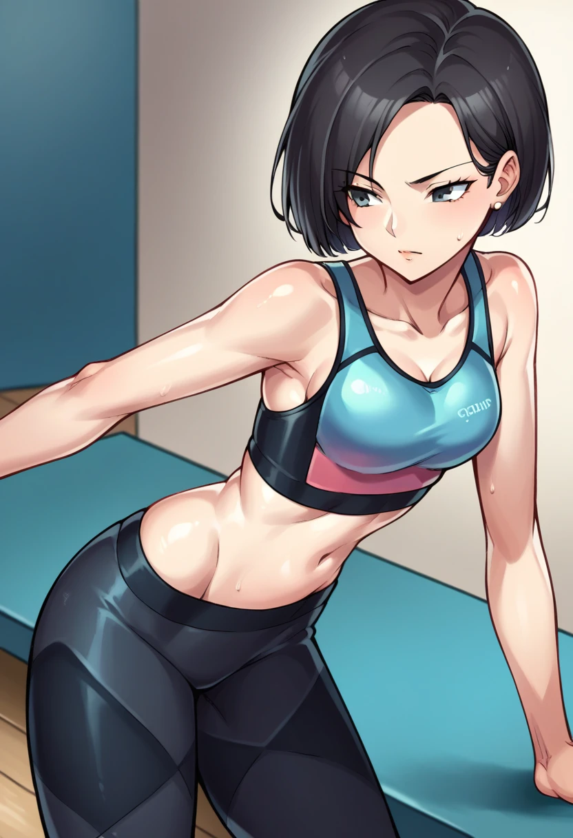 score_9, score_8_up, score_7_up, source_anime BREAK 1girl, solo,   <lora:zs_HiraguchiXL:1> hiraguchip5, short hair, black hair, sports bra, yoga pants, midriff