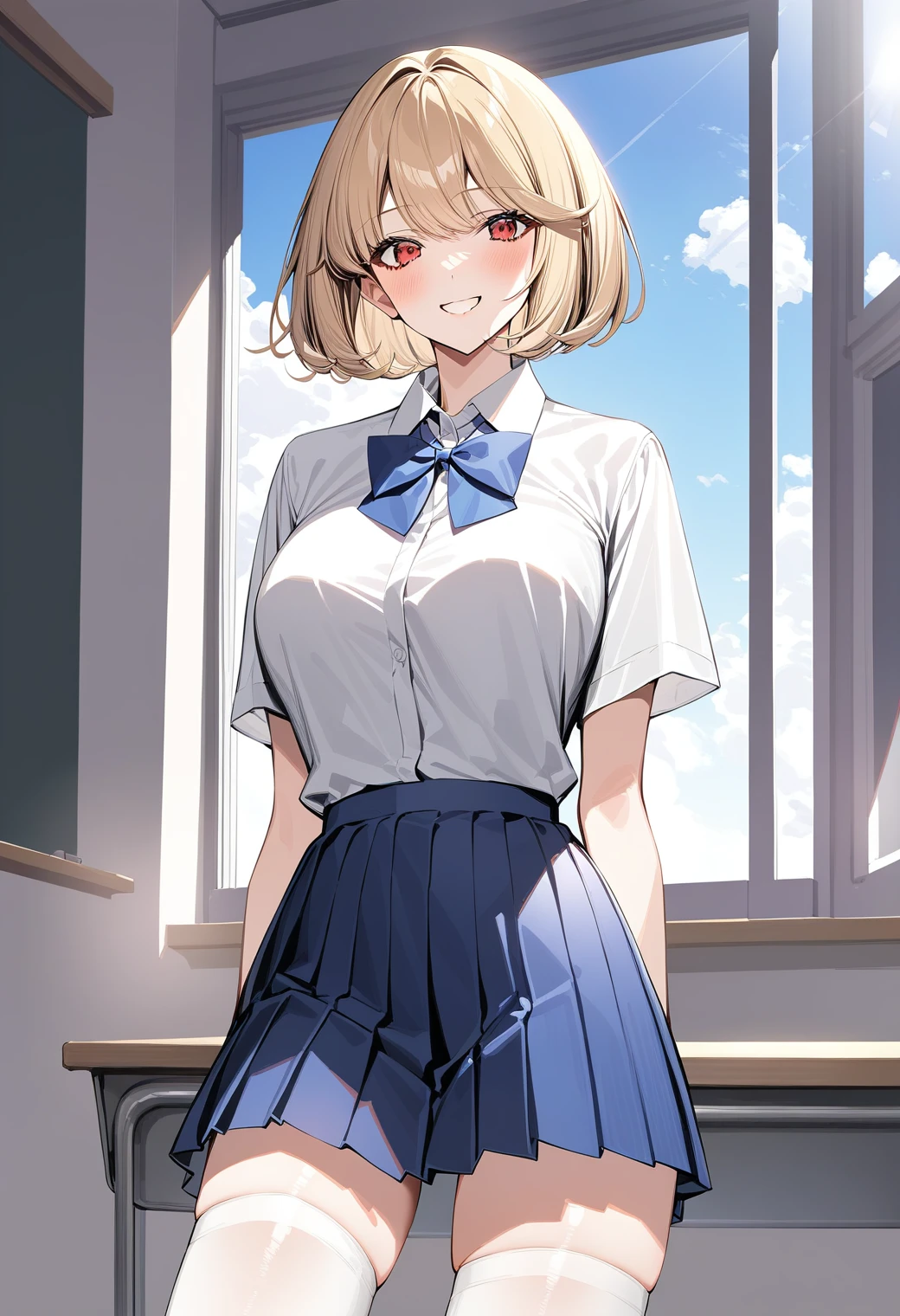 1girl, large breasts, cowboy shot, smile, (classroom:1.2), (window:1.2), (sky:1.2), (sunlight:1.2),
debby_the_corsifa, red eyes, blonde hair, short hair, school uniform, collared shirt, white shirt, blue bowtie, pleated skirt, blue skirt, white thighhighs, <lora:debby_the_corsifa_pony_ver1:0.7>, score_9, score_8_up, score_7_up, BREAK source_anime, rating_explicit, best quality, masterpiece, uncensored, solo,