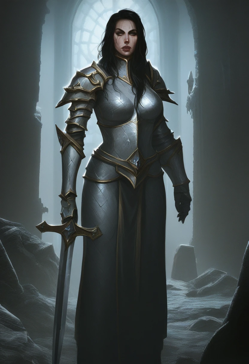 score_9, mature knight commander woman standing in front of ruined castle holding a sword, digital art, moody, dark, fantasy, medieval, armored woman, solo, rocks, stone, cold lighting, world of warcraft <lora:FantasyGPT4VLycoXL:1>