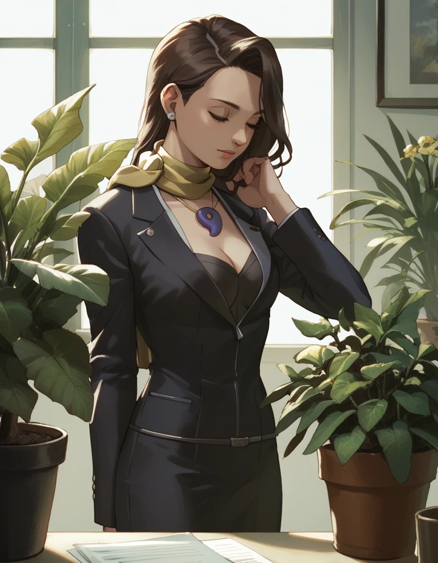 score_9, score_8_up, score_7_up, score_6_up, score_5_up, score_4_up,
<lora:mia-fey-aa-ponyxl-000070:0.8> aamia, black jacket, suit jacket, skirt suit, (black bustier:0.8), scarf, magatama necklace,
watering plants, potted plant, peaceful, detailed background, office