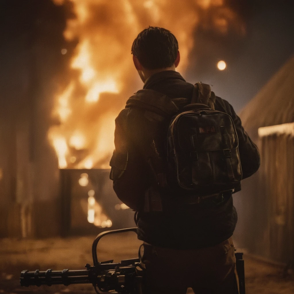 cinematic film still of  <lora:Handheld M134 Minigun:0.8>
Handheld M134 Minigun a man from behind back with a gun standing in front of a fire,Handheld M134 Minigun style,solo,short hair,black hair,1boy,weapon,male focus,pants,bag,from behind,blurry,gun,night,depth of field,blurry background,backpack,fire,rifle,facing away,holster, shallow depth of field, vignette, highly detailed, high budget, bokeh, cinemascope, moody, epic, gorgeous, film grain, grainy