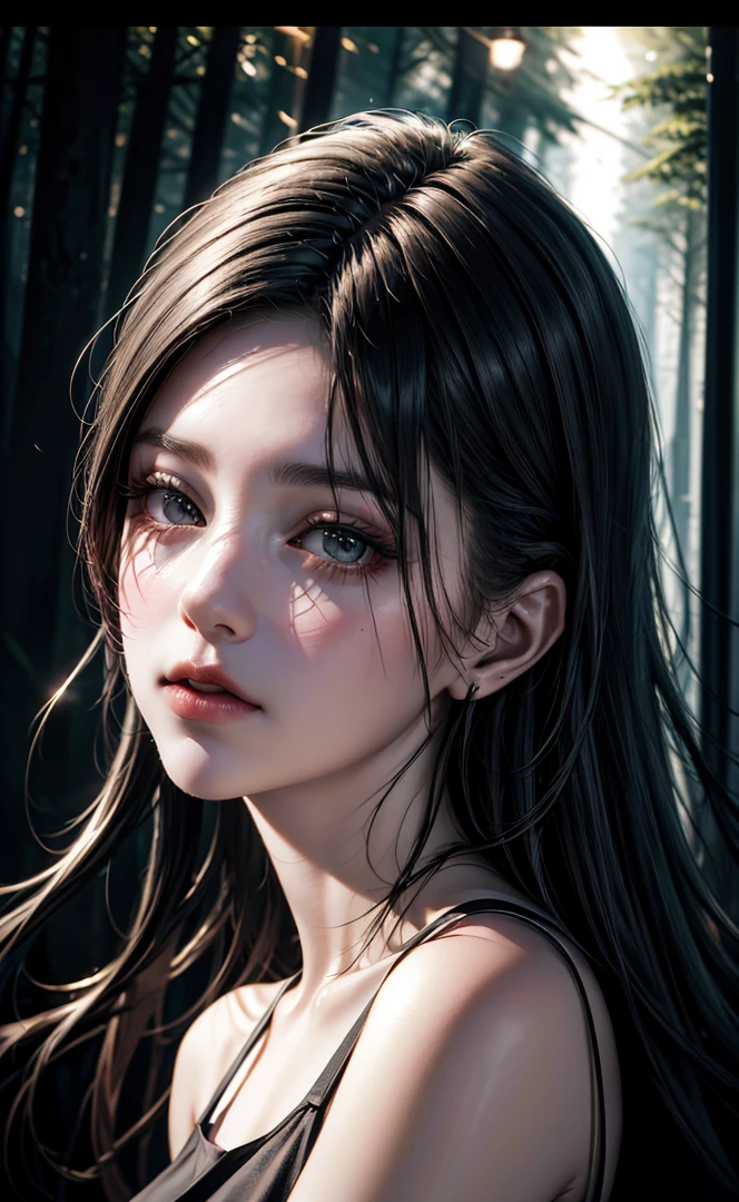 ( detailed realistic background:1), ( official art, beautiful and aesthetic:1 ), realistic lighting, cinematic lighting, hyperrealism, Poor lighting, sharp, artistic photoshoot, ( cute, petite ), slender, pale cheeks, square face shape with angular jaw, natural "no-makeup" makeup,  ((A girl in the night at the dark forest)), night, [dark],